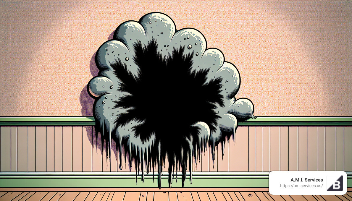 A close up of black mold growing on a wall - mold home test