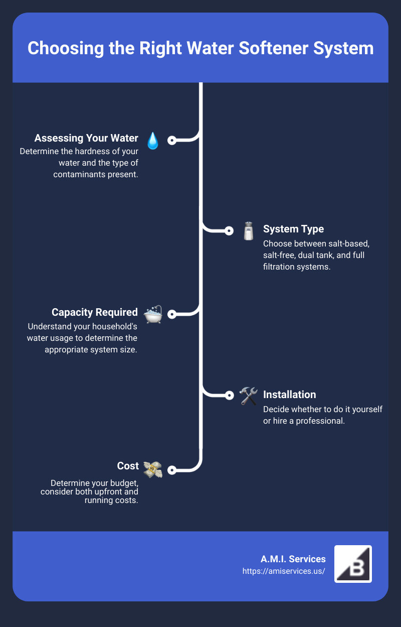Infographic explaining the functions and benefits of several types of water softener systems, their installation process, and maintenance needs - water softener systems infographic infographic-line-5-steps